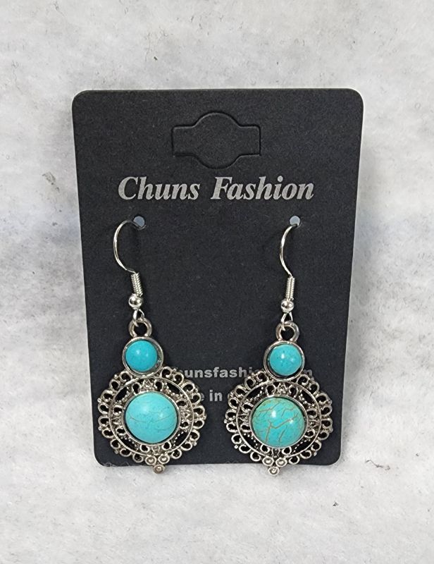 Photo 1 of Faux-Turquoise Earrings Silver Tone Dangle Southwest Antiqued Embossed