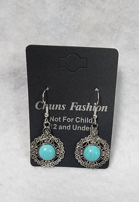 Photo 1 of Faux-Turquoise Earrings Silver Tone Dangle Southwest Antiqued Embossed