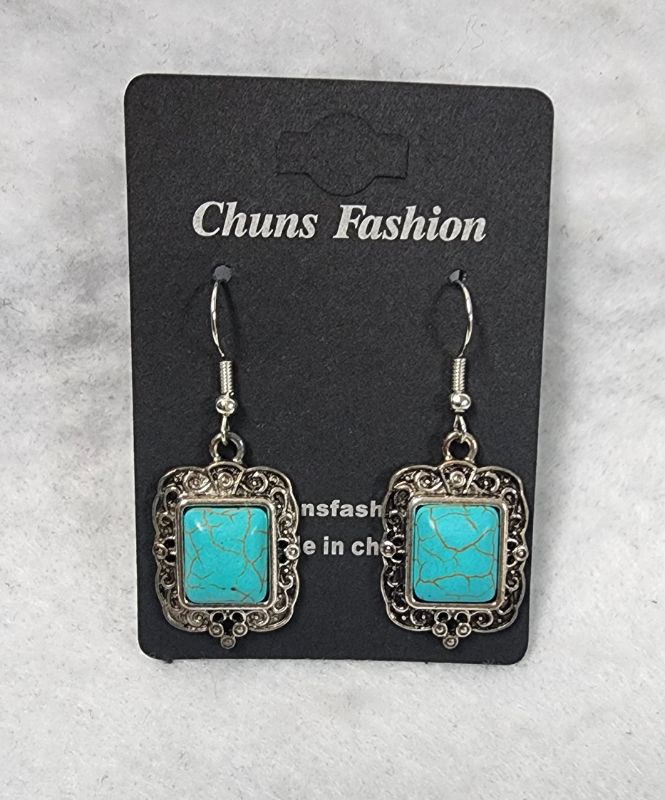 Photo 1 of Faux-Turquoise Earrings Silver Tone Dangle Southwest Antiqued Embossed
