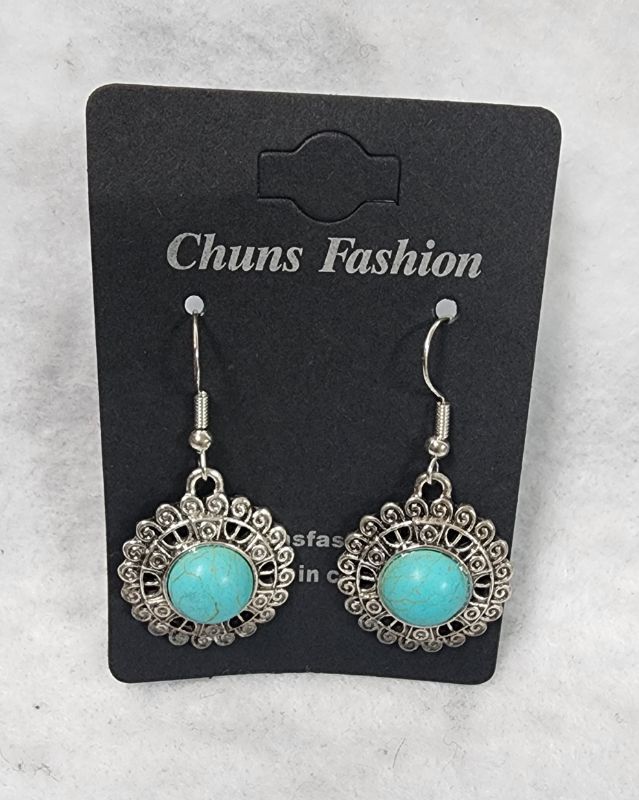 Photo 1 of Faux-Turquoise Earrings Silver Tone Dangle Southwest Antiqued Embossed