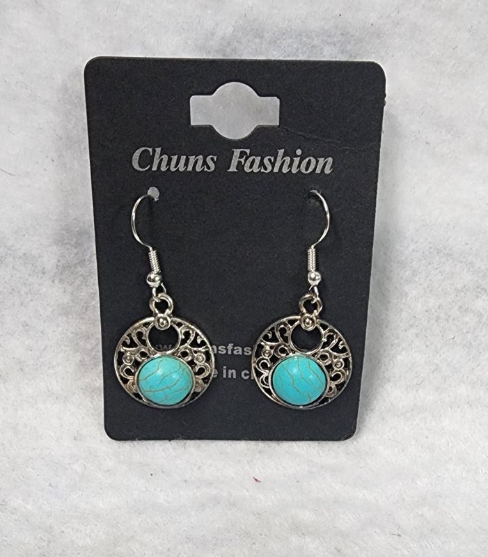 Photo 1 of Faux-Turquoise Earrings Silver Tone Dangle Southwest Antiqued Embossed