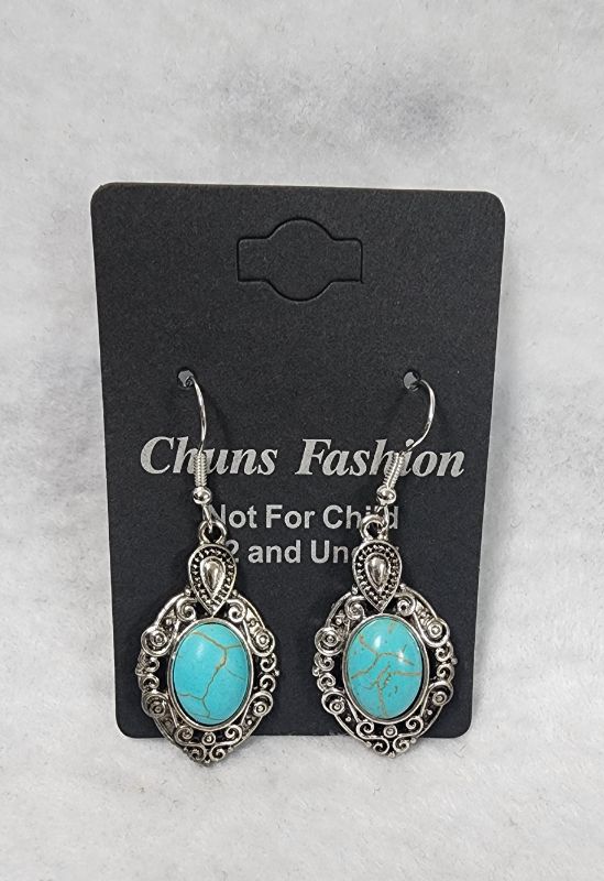 Photo 1 of Faux-Turquoise Earrings Silver Tone Dangle Southwest Antiqued Embossed