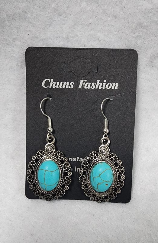 Photo 1 of Silver Tone Faux Turquoise Blue Stone Vintage Look Dangle Hook Earrings