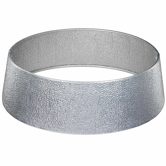 Photo 1 of Holiday Christmas Metal Tree Collar 35" Base x 10" Tall SILVER. rade in that old tree skirt and take the ironing out of hiding and protecting the base of your Christmas tree! Accommodates most trees with its 35” base diameter and 9.84” height. The tree co
