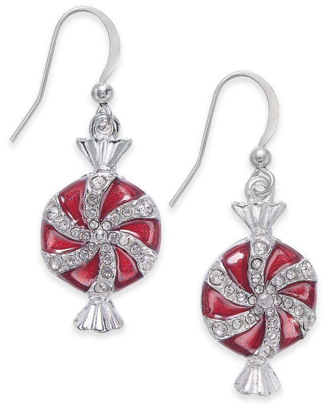 Photo 1 of Holiday Lane Silver-Tone Epoxy Peppermint Candy Drop Earrings,