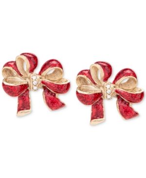 Photo 1 of Holiday Lane Gold-Tone Pave & Glitter Red Bow Stud Earrings,