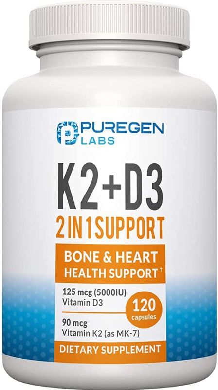 Photo 1 of 2 in 1 High Potency Formula 90mcg Vitamin K2 (MK7) and 5000 IU Vitamin D3 Supplement for Bone and Heart Health. Non-GMO Formula, Easy to Swallow Vitamin D & K Complex, 120 Capsules I 4-Month Supply Best By April 2023