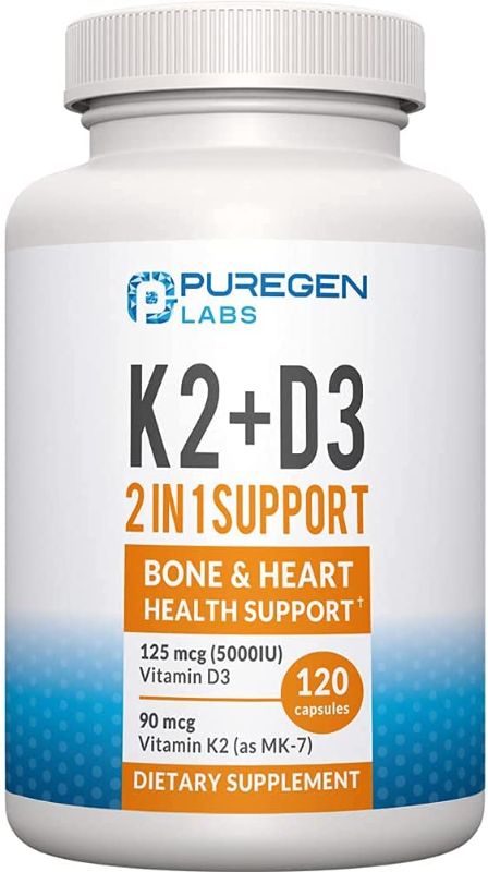 Photo 1 of 2 in 1 High Potency Formula 90mcg Vitamin K2 (MK7) and 5000 IU Vitamin D3 Supplement for Bone and Heart Health. Non-GMO Formula, Easy to Swallow Vitamin D & K Complex, 120 Capsules I 4-Month Supply Best By April 2023