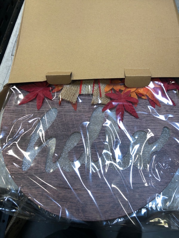 Photo 3 of [ Lighted & Timer ] Thanksgiving Fall Wreath for Front Door Decor Hello Sign Maple Leaves Battery Operated Wooden Hanging Sign Autumn Harvest Thanksgiving Indoor Outdoor Wall Home Decorations