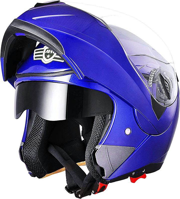 Photo 1 of AHR Motorcycle Helmet Dual Visor Modular Flip up Full Face Helmet DOT Approved Helmet RUN-M for Adult Motorbike Street Bike Moped Racing (Blue, L)
