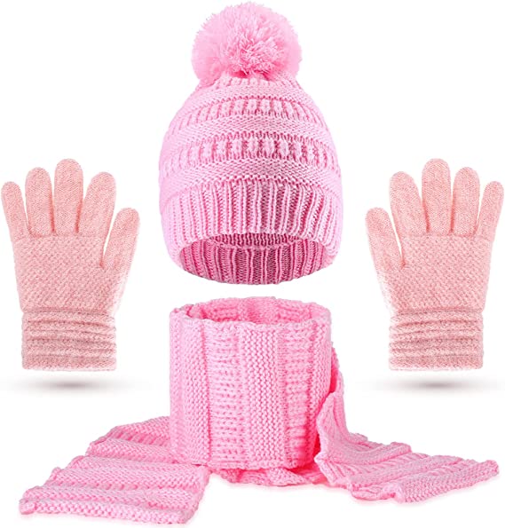 Photo 1 of 3 Pcs Hat and Gloves for Girls Kids Winter Hats and Gloves Sets Toddler Pink Hats Gloves Scarf Warm Beanie Accessories Home Outdoor Activities Snow Walking Sports 3-5 Year Old
