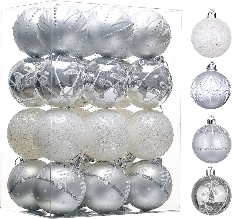 Photo 1 of 2 count PartyBySam 24ct 60mm Christmas Ball Ornaments, Frozen Winter Silver and White Shatterproof Christmas Tree Ornaments for Christmas Decorations
