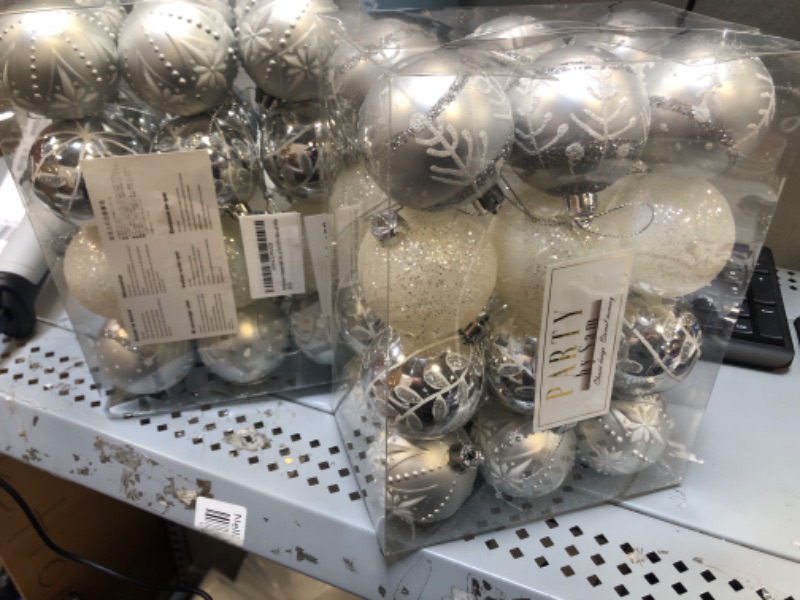 Photo 2 of 2 count PartyBySam 24ct 60mm Christmas Ball Ornaments, Frozen Winter Silver and White Shatterproof Christmas Tree Ornaments for Christmas Decorations
