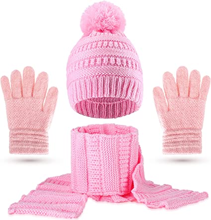 Photo 1 of 3 Pcs Hat and Gloves for Girls Kids Winter Hats and Gloves Sets Toddler Pink Hats Gloves Scarf Warm Beanie Accessories Home Outdoor Activities Snow Walking Sports 3-5 Year Old
