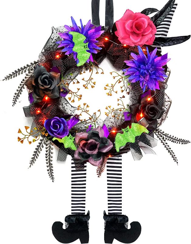 Photo 1 of 16 by 28 Inch Prelit Halloween Witch Leg Wreath for Front Door Decor, Purple Lights 20 LED Mesh Glitter Bat Berries Rose Feather Battery Operated Artificial Halloween Decoration Home Indoor Outdoor
