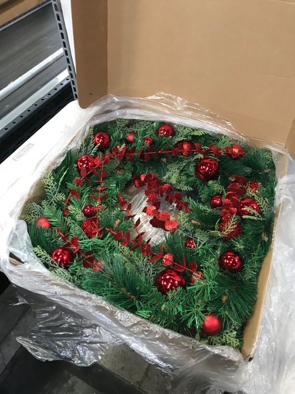 Photo 2 of 24 Inch Christmas Door Wreaths?Lighted Christmas Wreaths for Front Door,Battery Operated LED Lights Large Christmas Wreath with Balls Ornaments Eucalyptus, Winter Wreath for Outdoor Holiday Xmas Decor ball christmas wreath
