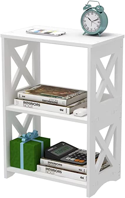 Photo 1 of 3-Tiers Side Table, Narrow End Table with Storage Shelf, Simple Bedside Table Nightstand, Small Bookshelf Bookcase, Display Rack for Bathroom, Bedroom, Living Room and Office, White