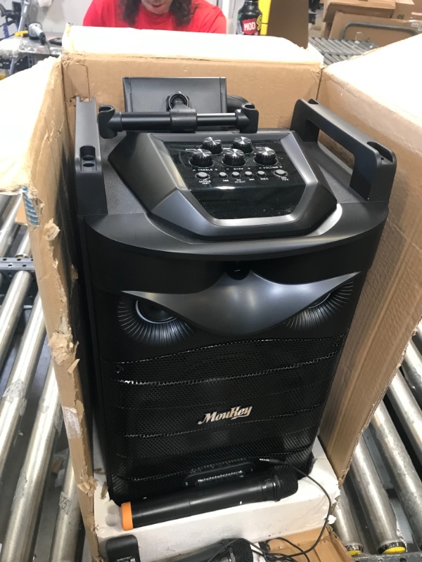 Photo 2 of Moukey Karaoke Machine, PA System Subwoofer, Portable Bluetooth Speaker w/ 2 Wireless Microphones, Lyrics Display Holder, Party Lights & Echo/Treble/Bass Adjustment, Support TWS/REC/AUX/MP3/USB/TF/FM 10" Subwoofer