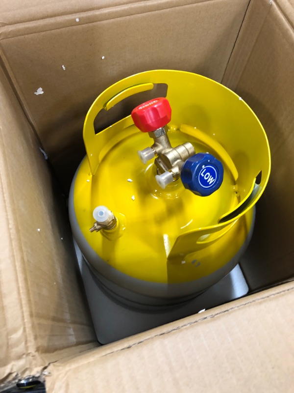 Photo 2 of GCCSJ Refrigerant Recovery Tank with Double Valve Collar Design Reusable Save Valve and 1/4 SAE Y Valve Gray Yellow 30 LB Capacity