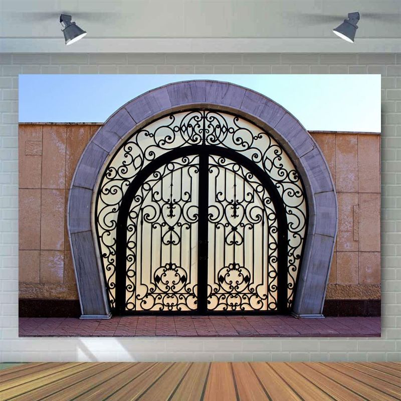 Photo 1 of  7x5ft Arch Gate Backdrop Iron Sculpture Door Stone Wall Brick Floor Sunshine    - Couples Portrait Photo Studio Props -
