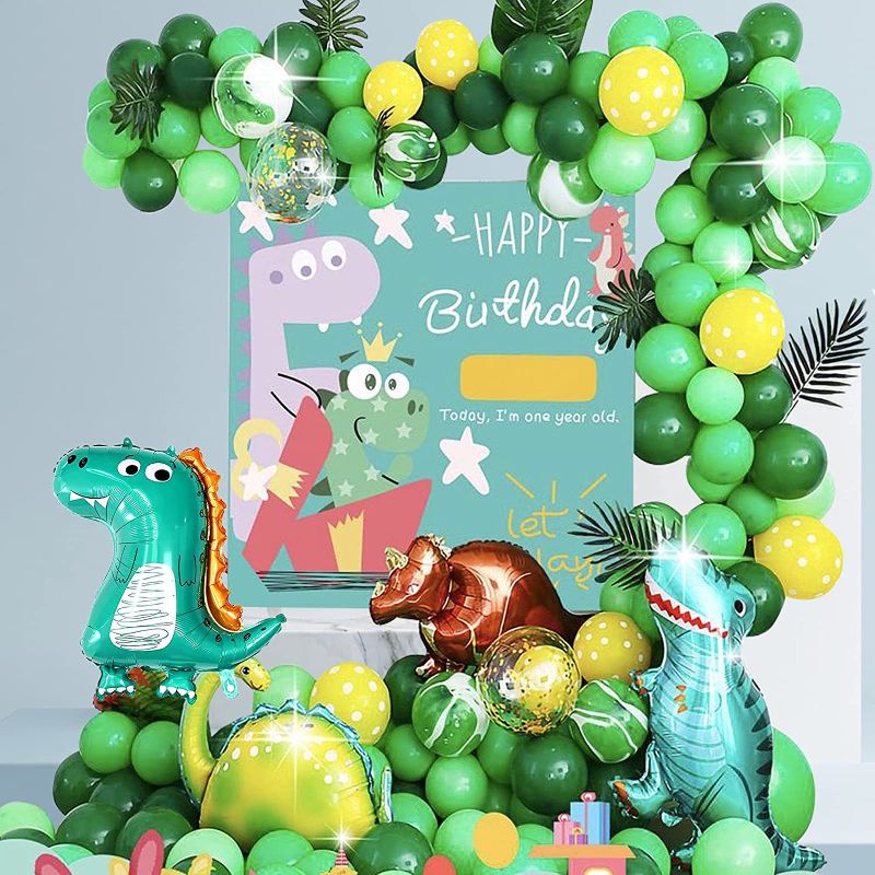 Photo 1 of  Dinosaur Birthday Party Supplies, Boys Dinosaur Themed Party Balloons Decoration, Mini dinosaurs balloon, posters, Balloon chains, leaves decor, Dino toy set balloons
