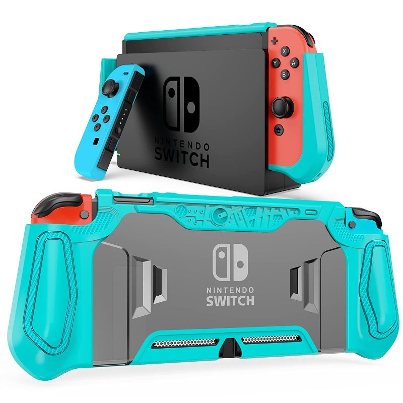 Photo 1 of LEYUSMART Dockable Protector for Nintendo Switch,(Fit for Dock/Ergonomic/Full Protection/Shock-Absorption/Anti-Scratch) Gift Glass Screen Protector & Thumb Caps, Nintendo Switch Dockable Case Teal