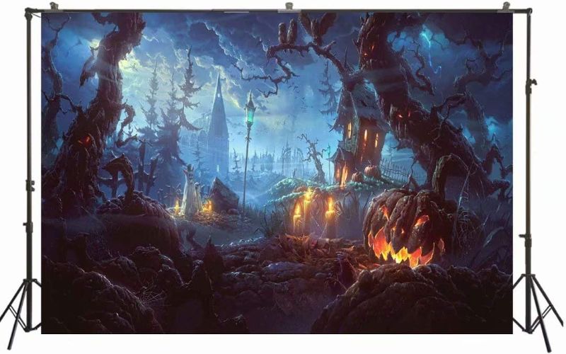 Photo 1 of 6.5x5ft Vinyl Halloween Horror Night Backdrop Ghost Tree Grimace Pumpkin Lamps Photography Background Children Photo Portrait Shoot W-4113
