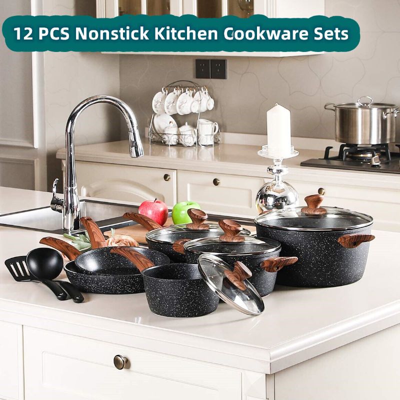 Photo 1 of 12 Pcs Induction Kitchen Pots & Pans Set Nonstick Coated Cookware Set w/Lids FDA