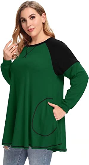 Photo 1 of LARACE Color Block Tops with Pocket Plus Size Lightweight Sweatshirts Long Sleeve Tunic Women Raglan Pullover Shirts 4X
