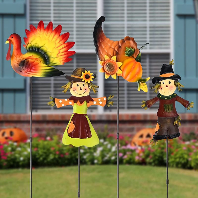 Photo 1 of  Thanksgiving Yard Stakes Set of 4, Pumpkin Turkey Scarecrow Designed Metal Stakes, Fall Thanksgiving Autumn Garden Outdoor Decoration
