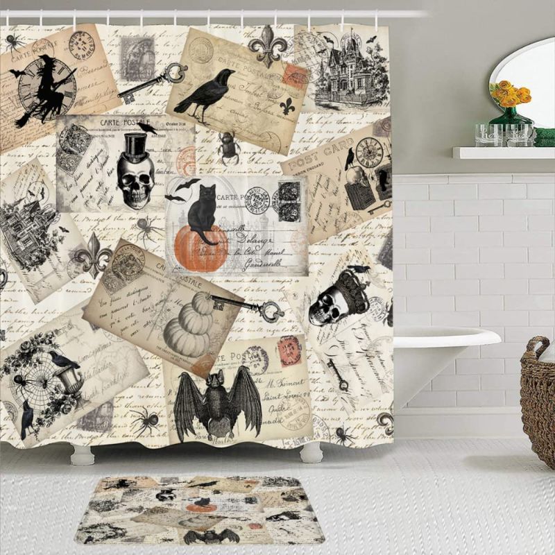 Photo 1 of  Modern Postcard Collage Vintage Style Shower Curtains with Hooks Polyester Fabric,72"