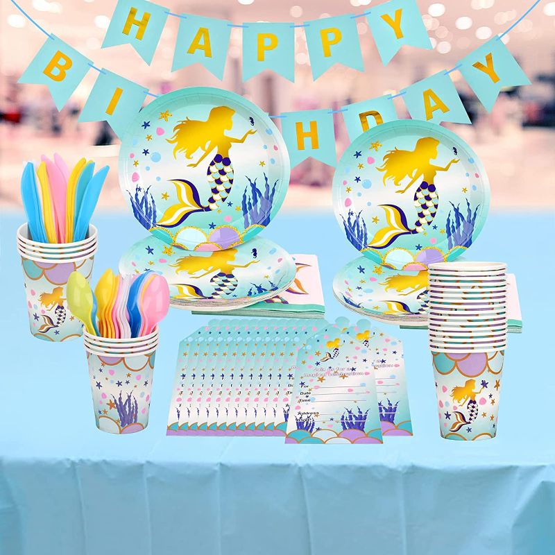 Photo 1 of 130 PCS Disposable Dinnerware Set, Sparkle Mermaid Party Pack - Plates Napkins Cups Forks Spoons Knives Invitation Cards Banner for Party Baby Shower Decorative Kitchen Dining Room (Serves 16)
