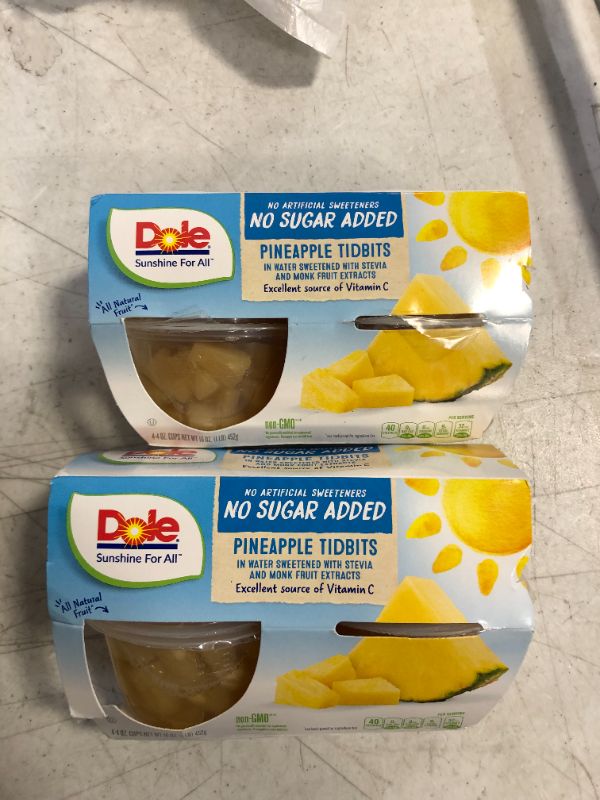 Photo 1 of 2 PACKS OF 4 Dole Fruit Bowls Pineapple Tidbits, No Sugar Added, Gluten Free Healthy Snack, 4 Oz - 8 CUPS TOTAL
