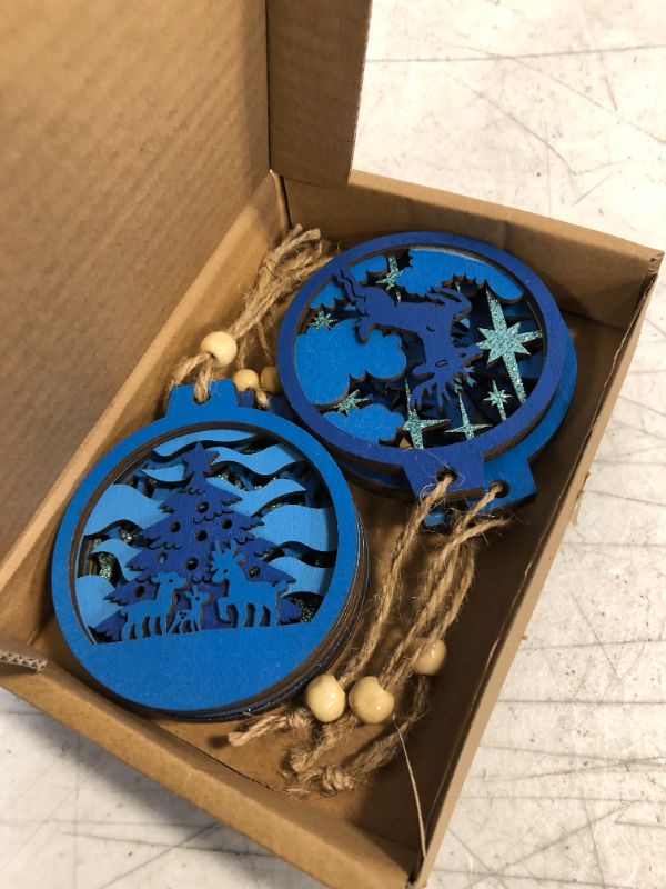 Photo 3 of 6 Pcs Wooden Christmas Ornaments, Reindeer Carved Blue Wooden Ornaments