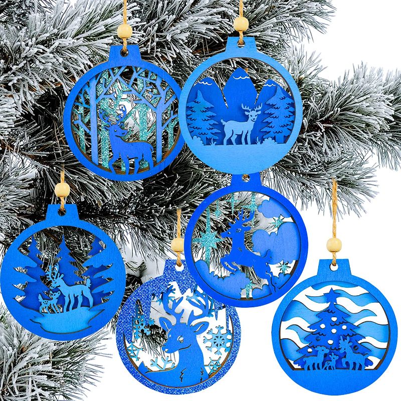 Photo 1 of 6 Pcs Wooden Christmas Ornaments, Reindeer Carved Blue Wooden Ornaments