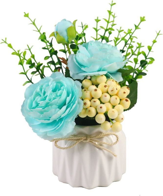 Photo 1 of  Artificial Peony Silk Flowers with Small Ceramic Vase Faux Flower Fake Rose Plants Eucalyptus Leaves Berries Arrangements Decoration for Home Office Table (Blue)
