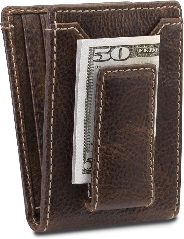 Photo 1 of AARON LEATHER GOODS Leather Wallet With Money Clip | Super Strong Magnet | Front Pocket Wallet With Exterior ID Window (brown)
