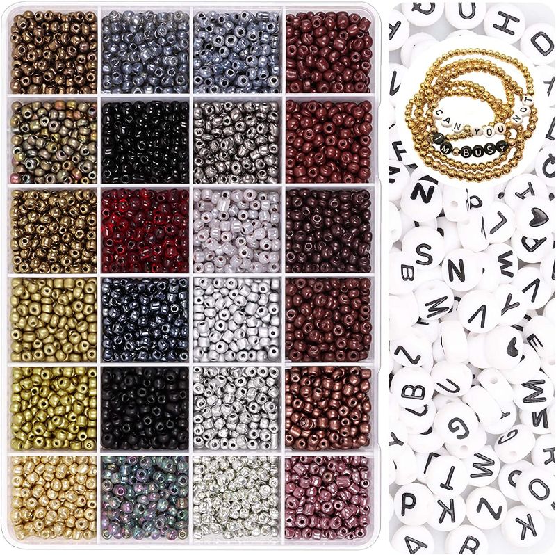 Photo 1 of  Glass Seed Beads with Letter Beads Small Kit Beads Bulk with Container Box,1920pcs 4mm 6/0 Small Craft Beads with 0.8 Elastic String and Tweezers for DIY Bracelet Jewelry Making Supplies
