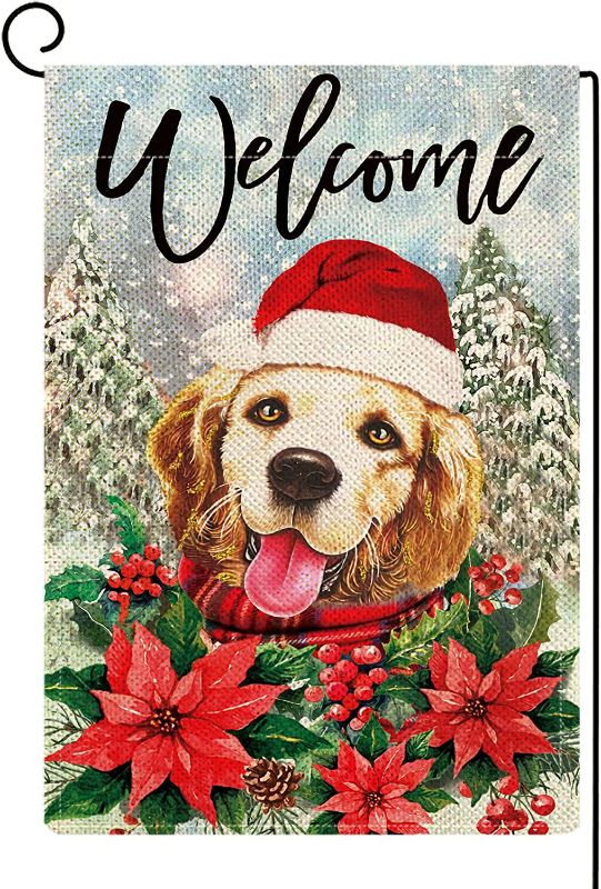 Photo 1 of  Welcome Christmas Dog Garden Flag Golden Retriever Burlap Vertical Double Sided Winter Xmas Poinsettia Flowers Yard Flag Hoilday Seasonal Outdoor Outside Decoration 12x18 Inch
