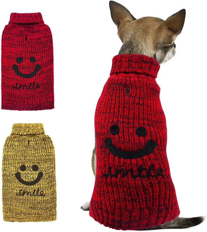 Photo 1 of KYEESE Dog Sweater Turtleneck Smile Face Dog Knitwear with Leash Hole for Small Dogs Pet Sweater,Red, SIZE LARGE  (11-18lbs)


