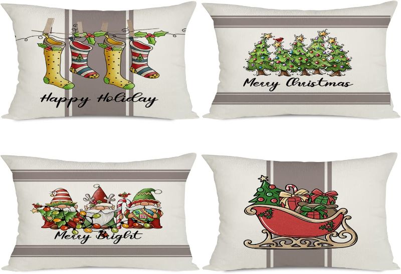 Photo 1 of  Christmas Pillow Covers 12x20 Set of 4 for Christmas Decorations Happy Holiday Gnomes Merry Christmas Winter Pillow Covers for Coach Sofa Decorations
