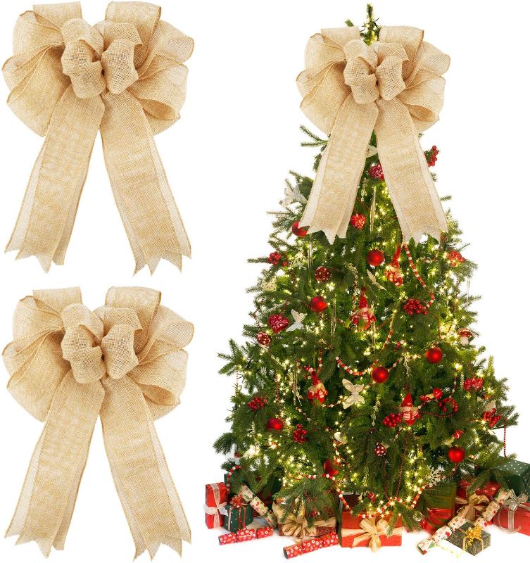 Photo 1 of 2 Pieces Large Burlap Bow Christmas Burlap Bows Burlap Bowknot Handmade Burlap Decorative for Christmas Tree Festival Holiday Party Decoration Supplies (Light Brown)
