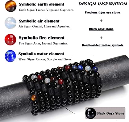 Photo 4 of VLINRAS Zodiac Bracelet for Men Women, 8mm 10mm Natural Black Onyx Stone Star Sign Constellation Horoscope Bracelet Gifts