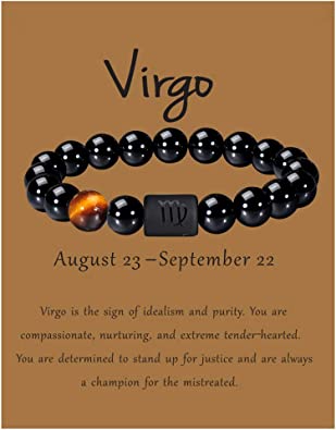 Photo 2 of VLINRAS Zodiac Bracelet for Men Women, 8mm 10mm Natural Black Onyx Stone Star Sign Constellation Horoscope Bracelet Gifts