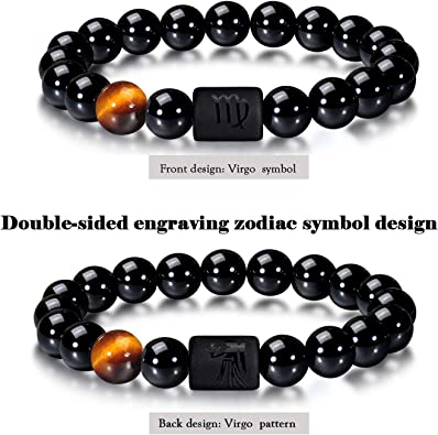 Photo 3 of VLINRAS Zodiac Bracelet for Men Women, 8mm 10mm Natural Black Onyx Stone Star Sign Constellation Horoscope Bracelet Gifts