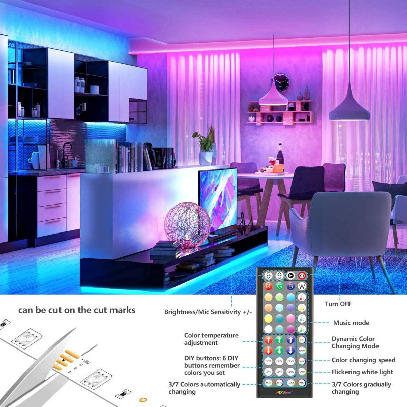 Photo 2 of Nexillumi 50Ft LED Strip Lights Music Sync Color Changing RGB LED Strip 44-Key Remote, Sensitive Built-in Mic, App Controlled LED Lights Rope Lights, 5050 RGB LED Light Strip(APP+Remote+Mic)