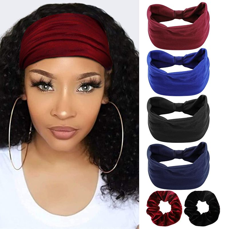 Photo 1 of  Headbands for Women 4Pcs Wide Headbands for Women Boho Headbands African Headbands Knotted Headband Head Wraps Turban Headscarf Stretchy Bandanas for Women (With 2Pcs Hair Scrunchies) Great for Headband Wigs Headbands for Workout Casual Wear