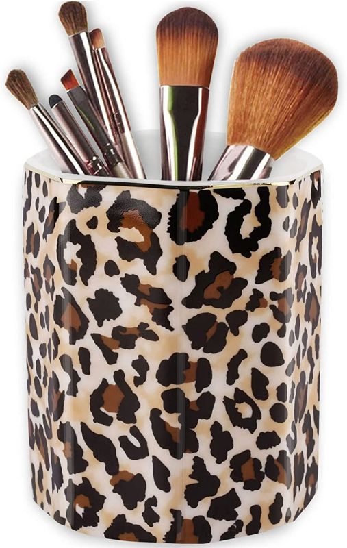 Photo 1 of Jwest Pen Holder, Makeup Brush Holder Ceramic Shiny Gold Leopard Cheetah Pattern Animal Pencil Cup for Girls Women Durable Stand Desk Organizer Storage Gift for Office, Classroom, Home Light Brown