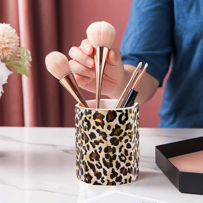 Photo 2 of Jwest Pen Holder, Makeup Brush Holder Ceramic Shiny Gold Leopard Cheetah Pattern Animal Pencil Cup for Girls Women Durable Stand Desk Organizer Storage Gift for Office, Classroom, Home Light Brown