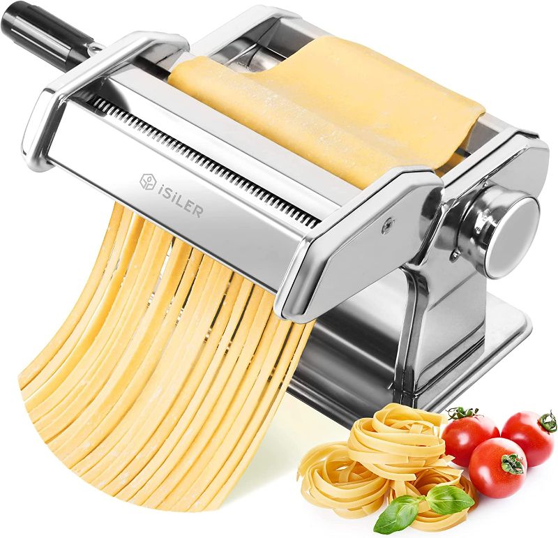 Photo 1 of Pasta Machine, ISILER 9 Adjustable Thickness Settings Pasta Maker, 150 Roller Noodles Maker with Aluminum Alloy Rollers and Cutter for Pasta, Spaghetti, Fettuccini, Lasagna